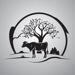 tree silhouette animal vector nature icon logo landscape vector black illustration design with cow and horse boy