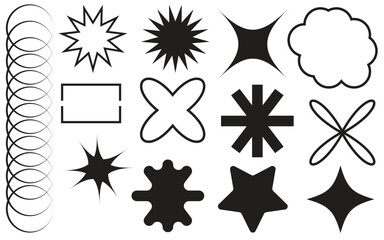 Set of geometric aesthetic abstract line frames and shapes with stars boho, brutalism, Y2K style. Geometric elements with sparkles for template design social media, poster, banner, logo, stickers