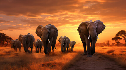Fototapeta na wymiar A herd of elephants walking across a dry grass