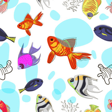 Seamless pattern of colorful fish, coral and waves in doodle style. Marine pattern. Vector illustration.