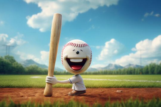 A funny animated baseball holding a bat.