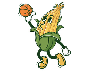 Corn maize playing slam dunk basketball cartoon mascot illustration character vector clip art hand drawn
