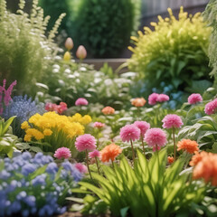Bright spring flowers surrounded by garden plants cutout