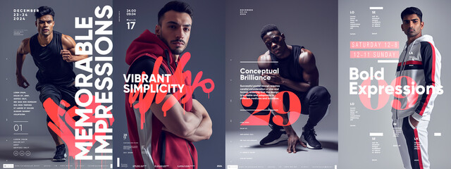 Modern fashion poster set with dynamic poses, bold typography, and vibrant designs
