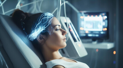 Screen displays woman using head scanning device for neurology diagnosis With copyspace for text  - obrazy, fototapety, plakaty