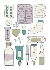 Collection of medical tools isolated on white background. Doodle. All items are separated. Vector illustration