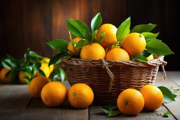 basket of ripe organic tasty oranges with leaves on a blurred rustic background