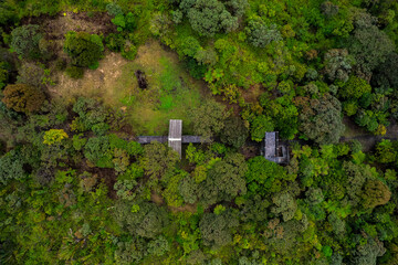 Aerial top view of a mirador in an abandoned national park located in Mauritius island