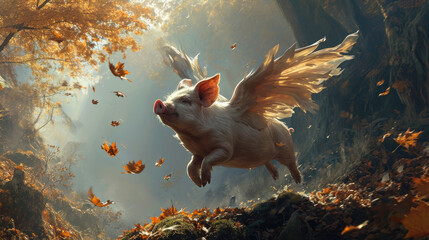 Winged pig in flight. If pigs could fly. - obrazy, fototapety, plakaty