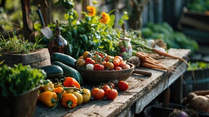 Fototapeta na wymiar garden-fresh vegetable harvest lies on outdoor garden table. local farm organic brands market.