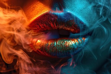 multicolored closeup of a female lips exhaling smoke - obrazy, fototapety, plakaty