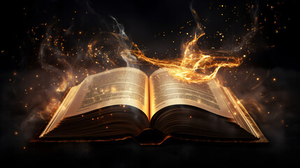 A magical book on a dark background with light