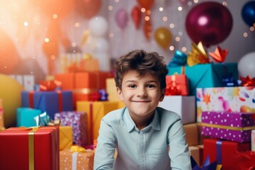 Fototapeta na wymiar happy child boy with gift boxes tied ribbons and colorful paper decorations for the holiday
