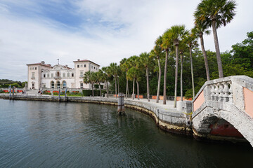 View of Biscayne Bay and Vizcaya museum and gardens in Miami