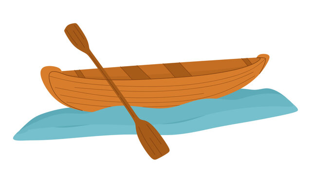 Wooden boat with paddle on water. Colored flat illustration of wood canoe for river trip. Hobby and fishery. Touristic rowing transport isolated on white background. Vector illustration