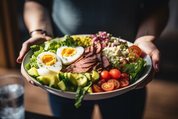 Obraz na płótnie Canvas A woman holds a bowl of beef cobb salad, ready to enjoy a nutritious lunch with coffee, reflecting her commitment to a healthy lifestyle.