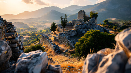 A photo of the ancient city of Mycenae, with rugged hills as the background, during a bright...