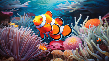 Fototapeta na wymiar A painting of a clown fish in an aquarium