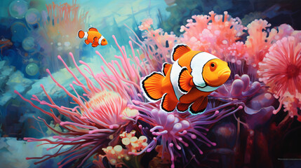 A painting of a clown fish in an aquarium
