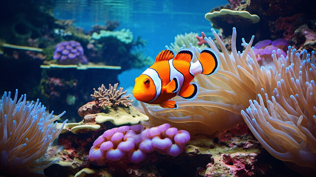 A painting of a clown fish in an aquarium