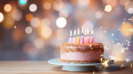 Pink Happy Birthday Cake on a Table for a Celebration, Bokeh and Blurred Background, Food Wallpaper, Dessert Backdrop, Family Holiday Fun, Culinary Concept