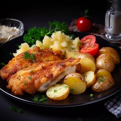 Fried chicken fillet, boiled potatoes and vegetables, AI generator