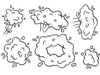 Comic bubble cloud. Track and trace. An abstract element of movement. Cartoon black and white illustration. Set of Funny smoke and steam.