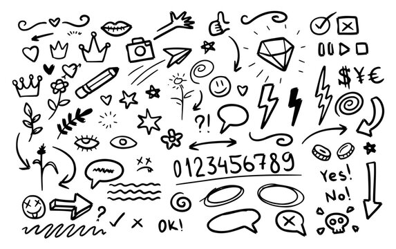 Set of doodle sign. Number, arrow, stars, sparkles line element. Hand drawn pen stroke collection on white background