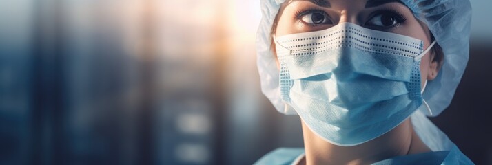 Portrait of a female doctor wearing a sterile mask. - obrazy, fototapety, plakaty