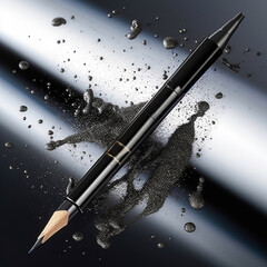 Beauty concept. Black cosmetic pencil for eyes or eyebrows on a black background with shadows. Close-up.