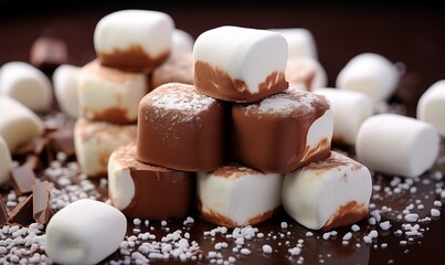 Fototapeta premium pieces of marshmallow in light milk chocolate