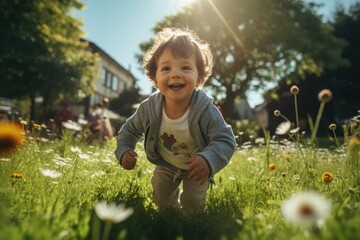 Little baby boy at the sunny park - obrazy, fototapety, plakaty