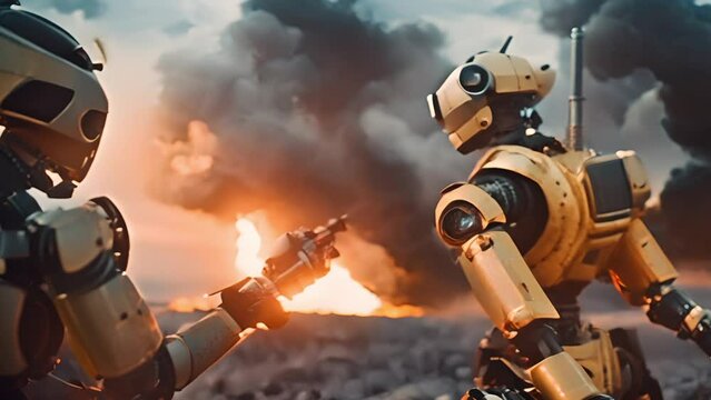 Two robots with yellow armor observing a fiery explosion in a dramatic industrial setting