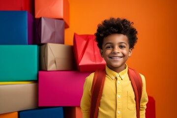 happy african american child boy with gift boxes tied ribbons and colorful paper decorations for the holiday