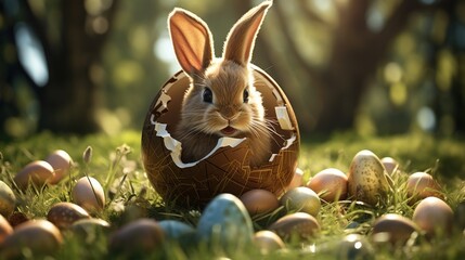 The Easter bunny looks out of an Easter egg against the backdrop of spring nature.