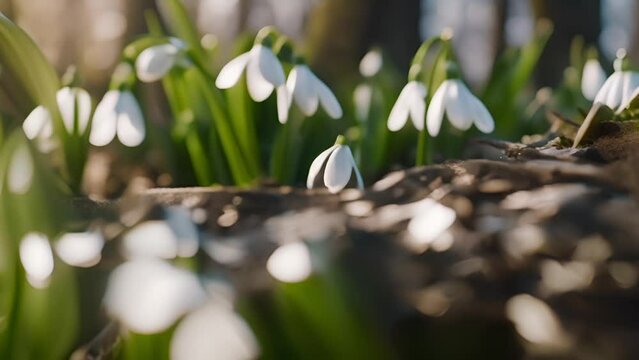 Delicate snowdrops emerging in early spring, bathed in soft sunlight filtering through trees