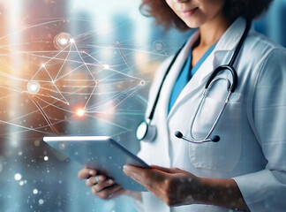 Doctor uses laptop and digital tablet in medical technology, global health network concept.  generative ai