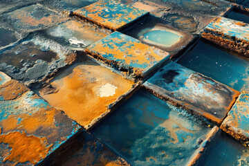Abstract Background of Weathered and Rusty Metal Tiles with Cracked Textures