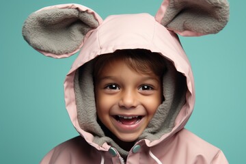 cute joyful child in easter bunny costume laughs - obrazy, fototapety, plakaty