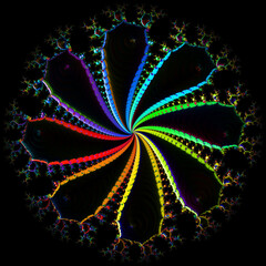 delicate lacy rainbow coloured design on a black background