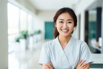 Happy asian woman medical assistant in clinic. Nurse in uniform doctor at hospital