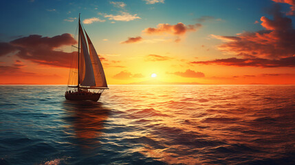 A sailboat sailing on the ocean at sunset