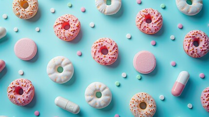 Anti-Obesity Medication Concept on Blue Background. Colorful Assortment of Donuts and anti-obesity pills, medical treatment for weight loss. Confectionery consumption and overweight