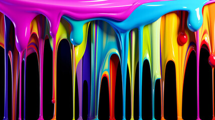 Colorful rainbow color acrylic paint flowing down over black background.