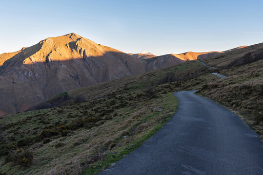 Sunset on a mountain road. Aezkoa Valley. Navarrese Pyrenees