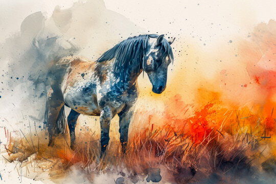 Watercolor portrait of a horse standing in a meadow