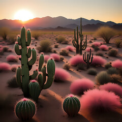 A pink cactus garden bathed in a glow of the setting sun, its vibrant flowers and silhouetted trunks creating a serene oasis amidst the arid desert backdrop - generated by ai - obrazy, fototapety, plakaty