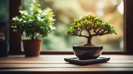 Foto op Plexiglas anti-reflex A small bonsai tree sitting on top of a wooden table © Data