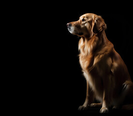 Portrait of golden retriever dog on black background with copy space