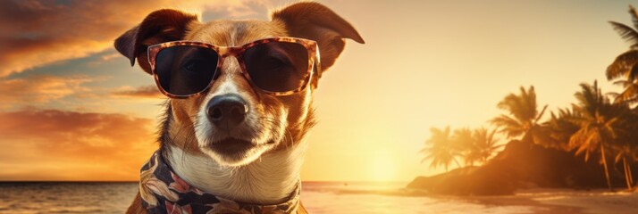 cute dog in sunglasses on a tropical beach against a sunset background - obrazy, fototapety, plakaty